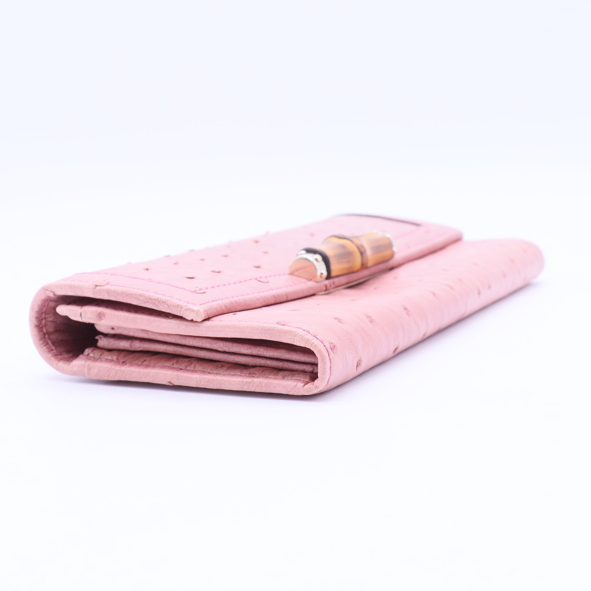 Pink Leather Bamboo Long French Purse Wallet