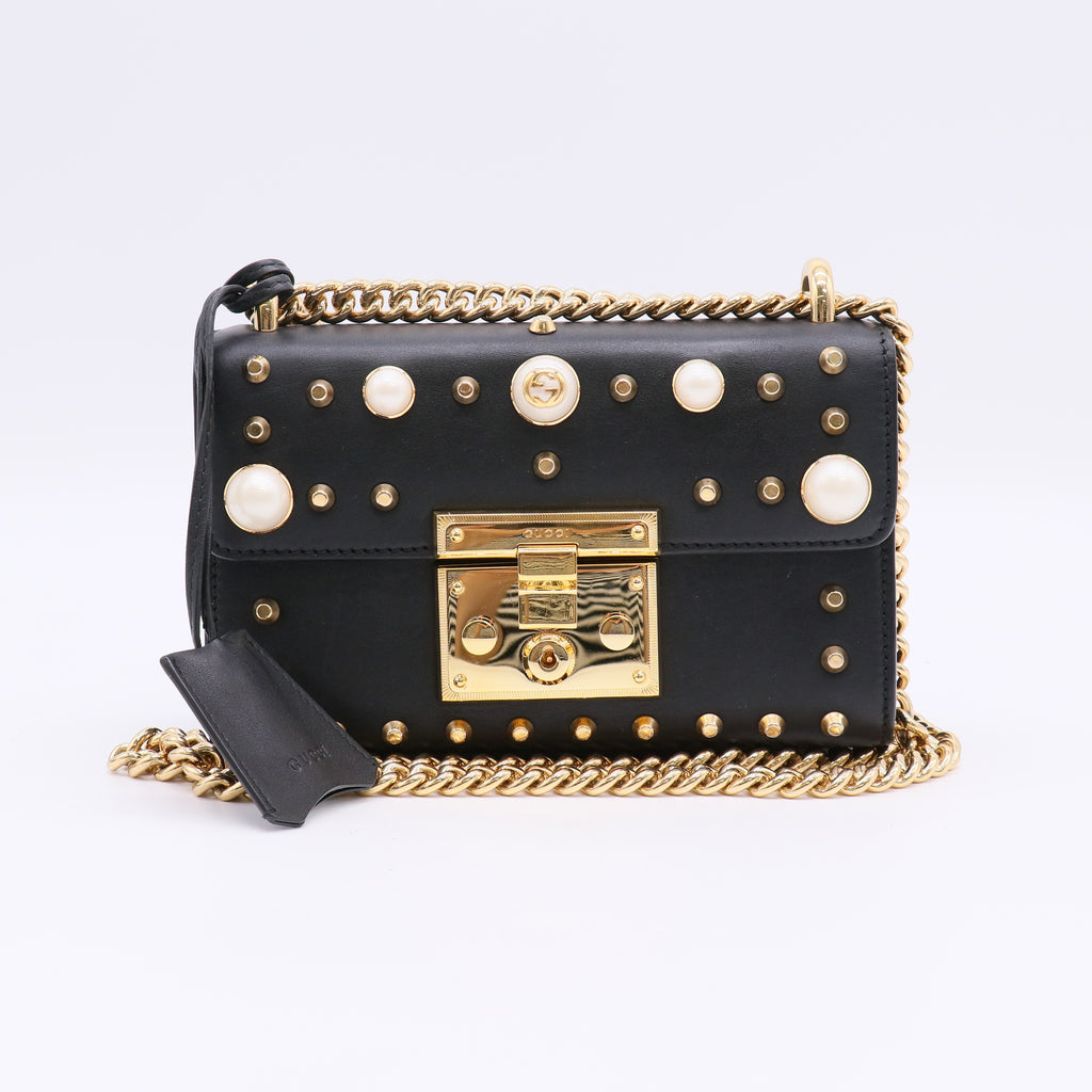 Gucci Pearl Studded Leather Small Padlock Shoulder Bag B23145
