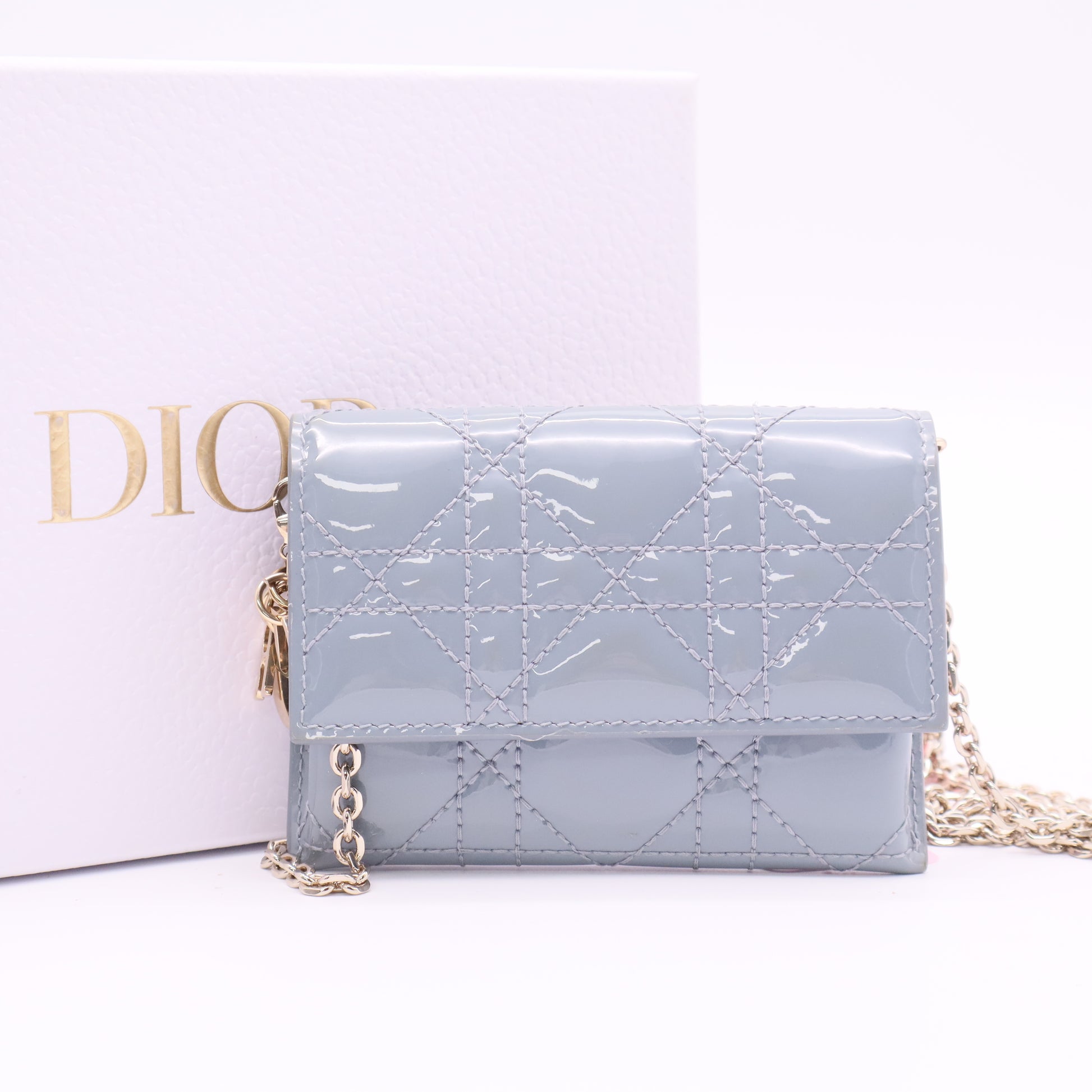 Light Blue Cannage Quilted Patent Leather Lady Dior Lotus Wallet twins