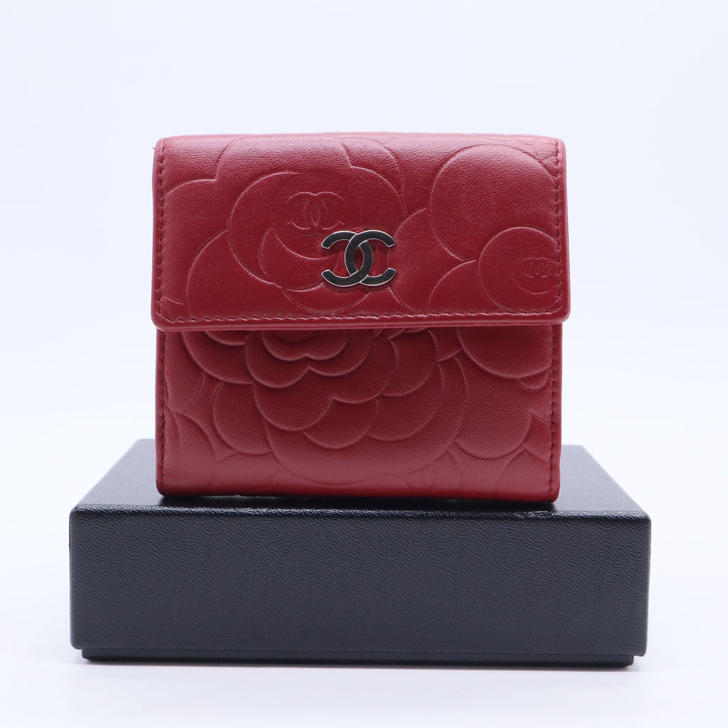 Chanel Red Leather Camellia Embossed French Wallet