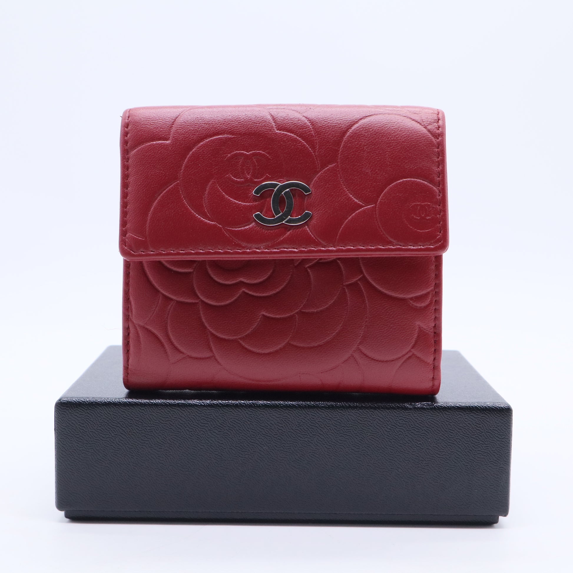 Chanel Red Leather Camellia Embossed French Wallet