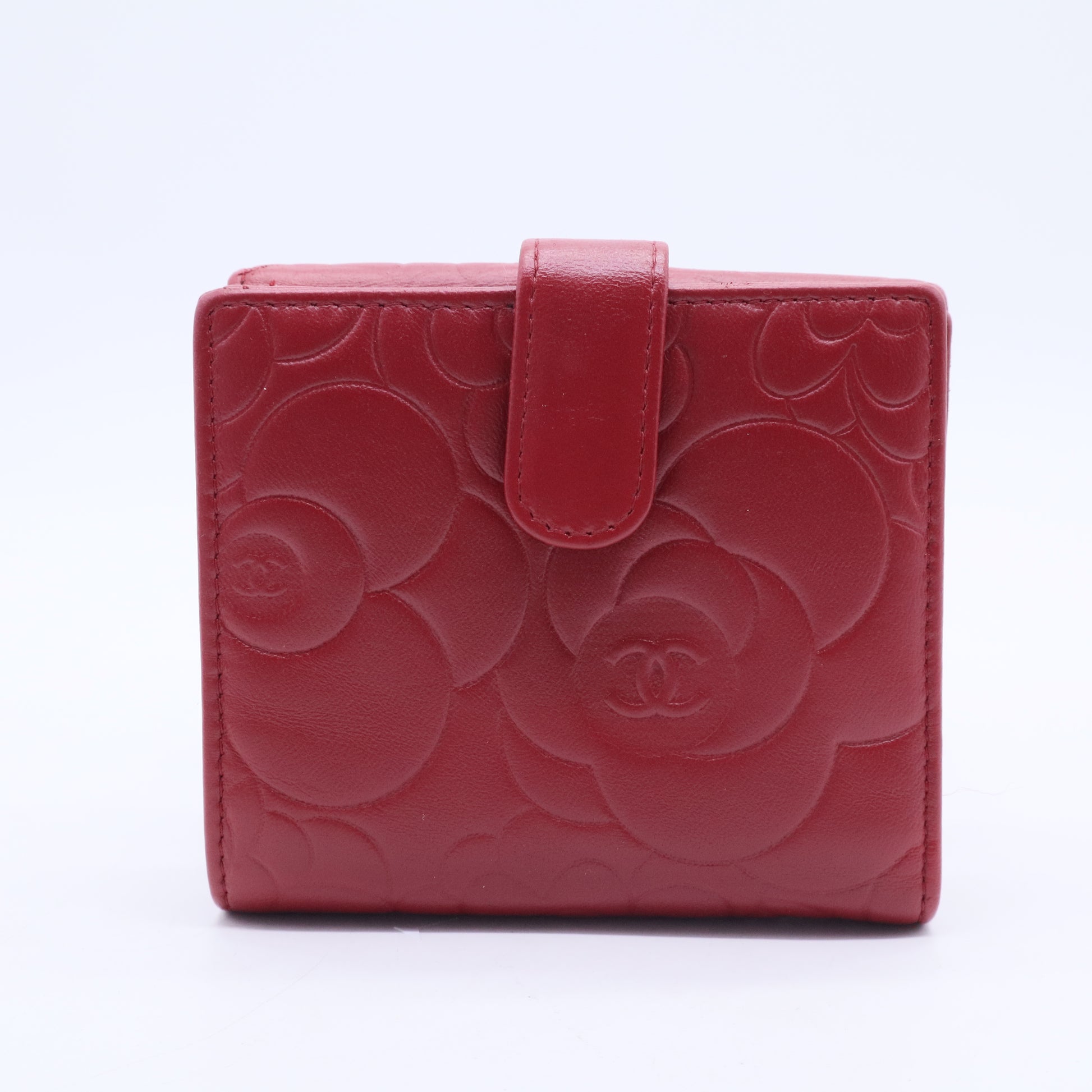 Chanel Red Leather Camellia Embossed French Wallet
