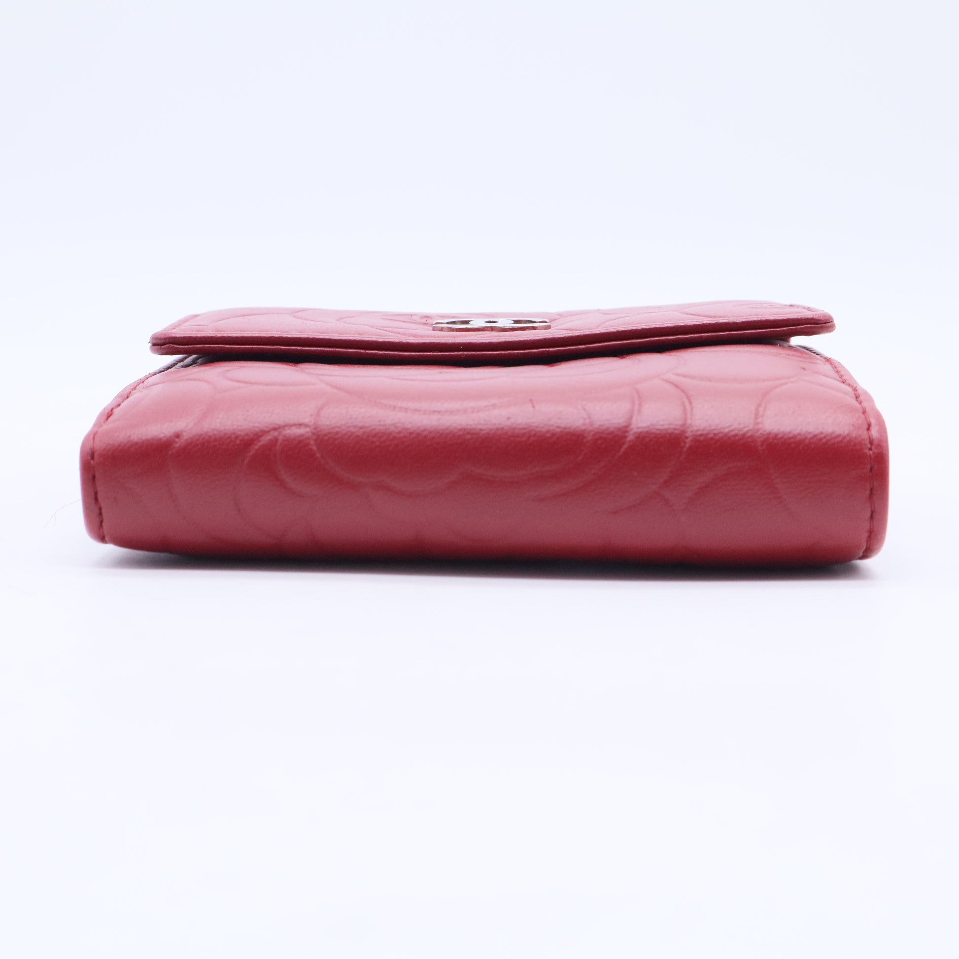Chanel Red Leather Camellia Embossed French Wallet