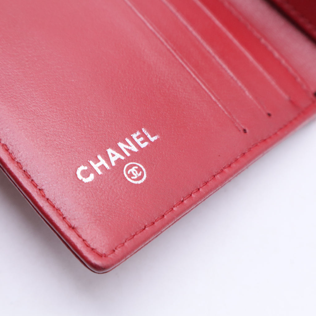 Chanel Red Leather Camellia Embossed French Wallet