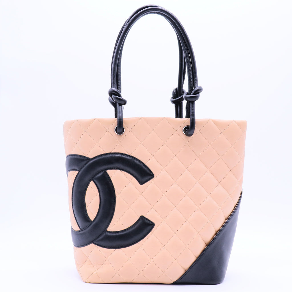 Calfskin Quilted Medium Cambon Tote Beige Black