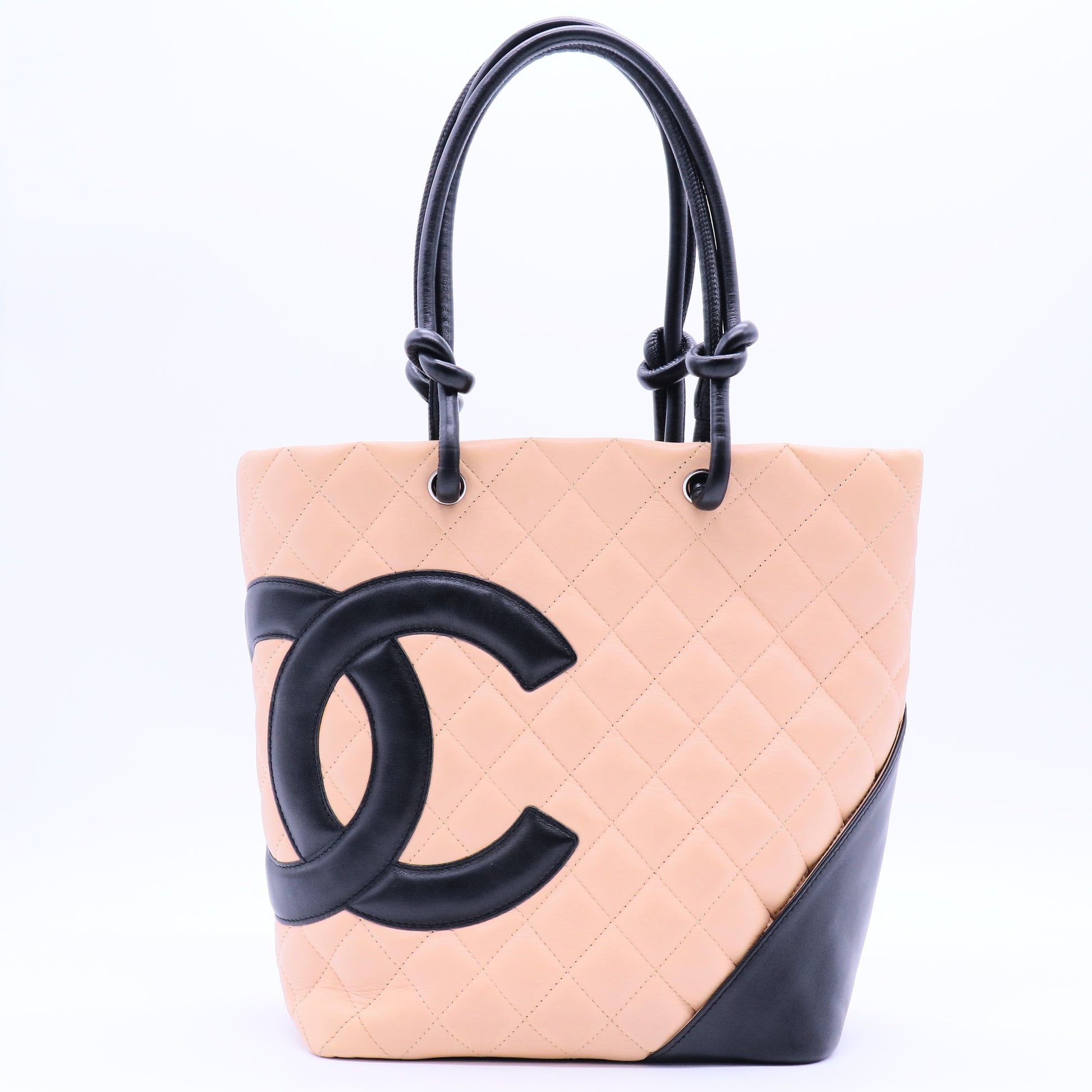 Calfskin Quilted Medium Cambon Tote Beige Black