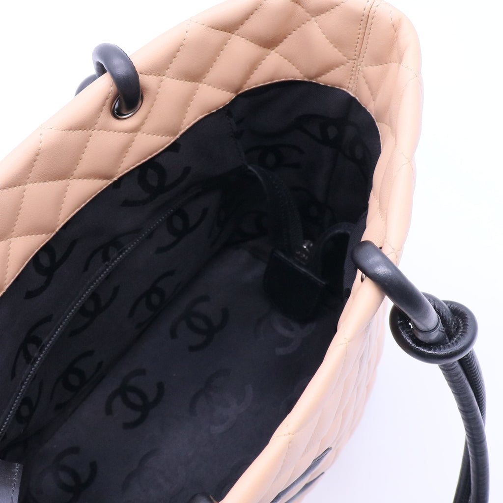 Calfskin Quilted Medium Cambon Tote Beige Black
