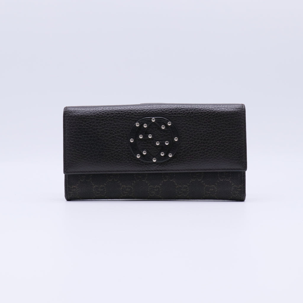 Gucci GG Canvas Studded Round Plaque Continental Wallet Black W21326