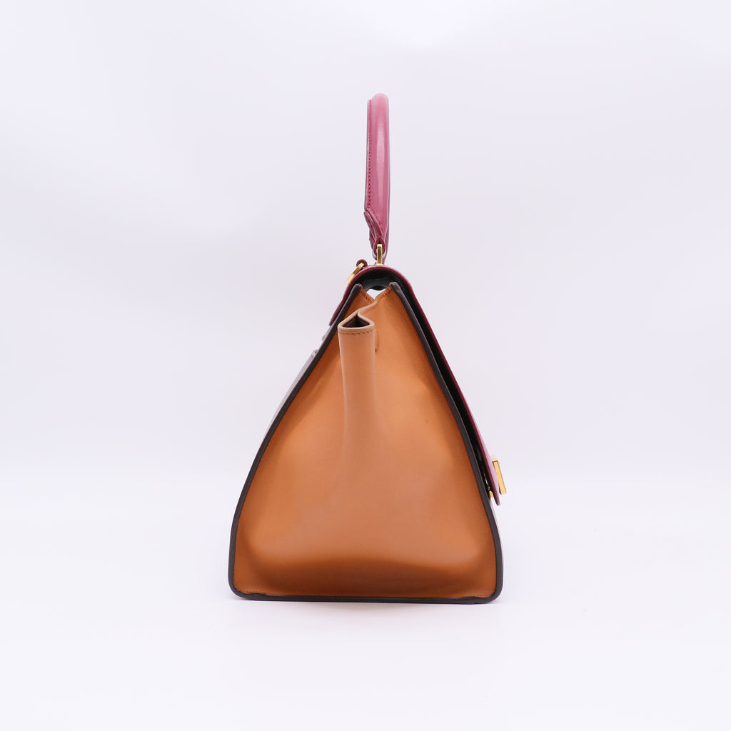 Tri-Color Leather and Suede Small Trapeze Top Handle Bag B22572