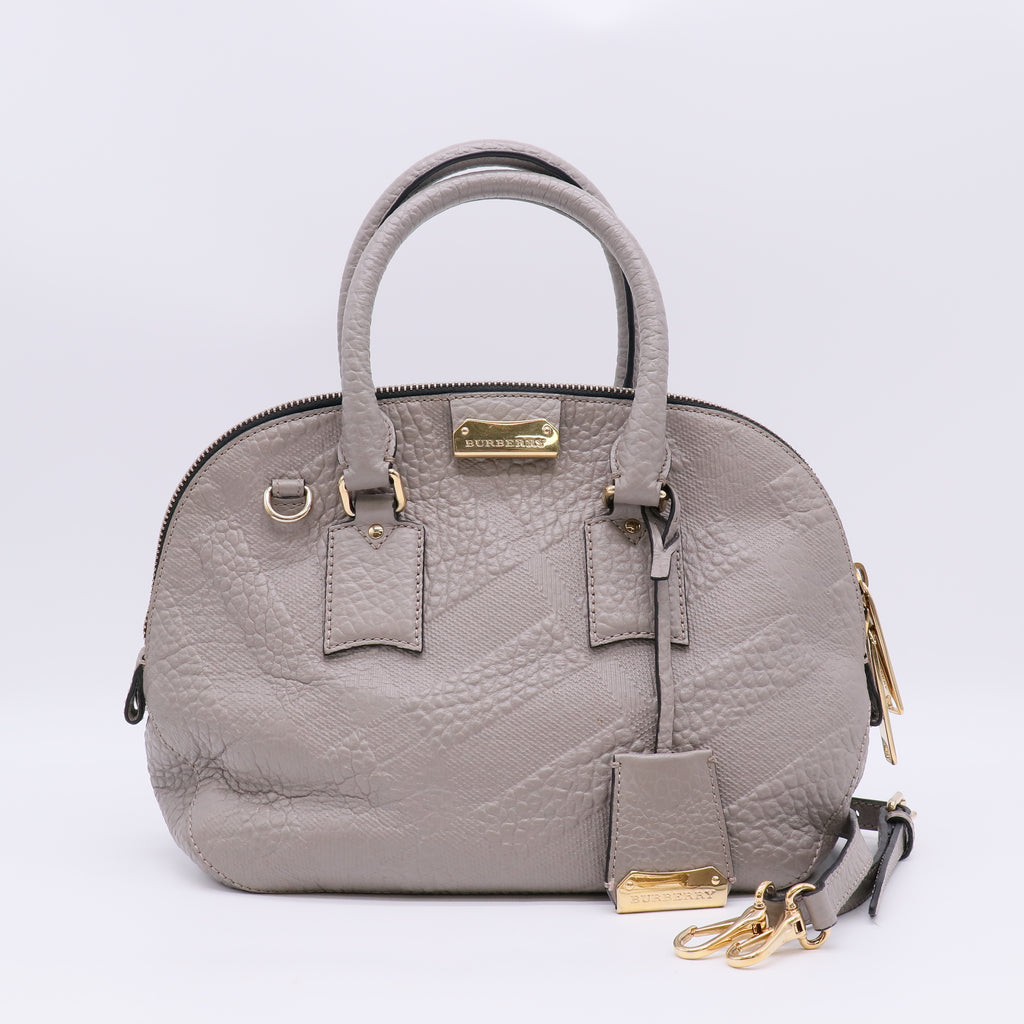Burberry Heritage Grain Check Embossed Small Orchard Bowling Bag in Taupe Gray B23103