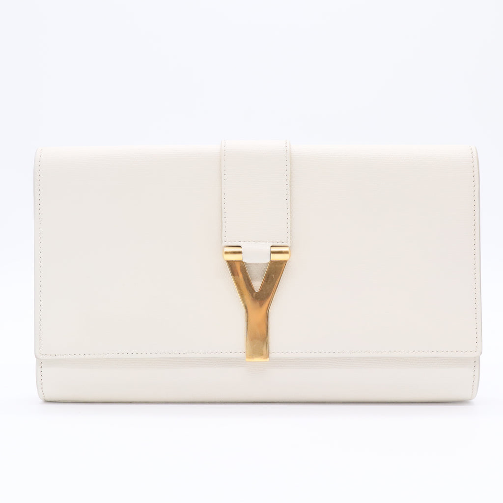 Textured Calfskin Classic Y Ligne Clutch White