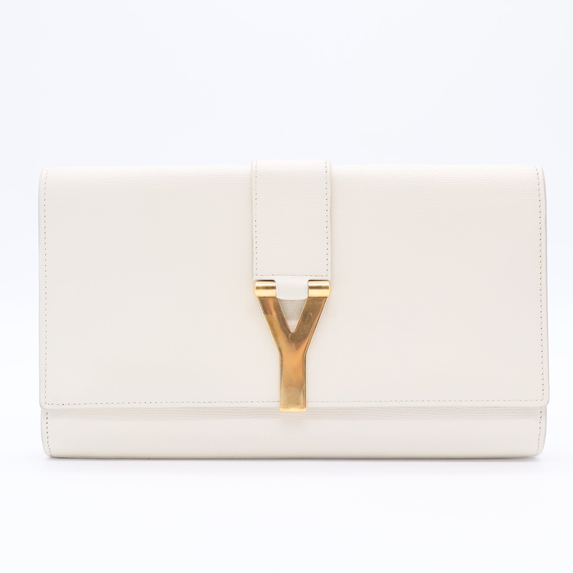Textured Calfskin Classic Y Ligne Clutch White