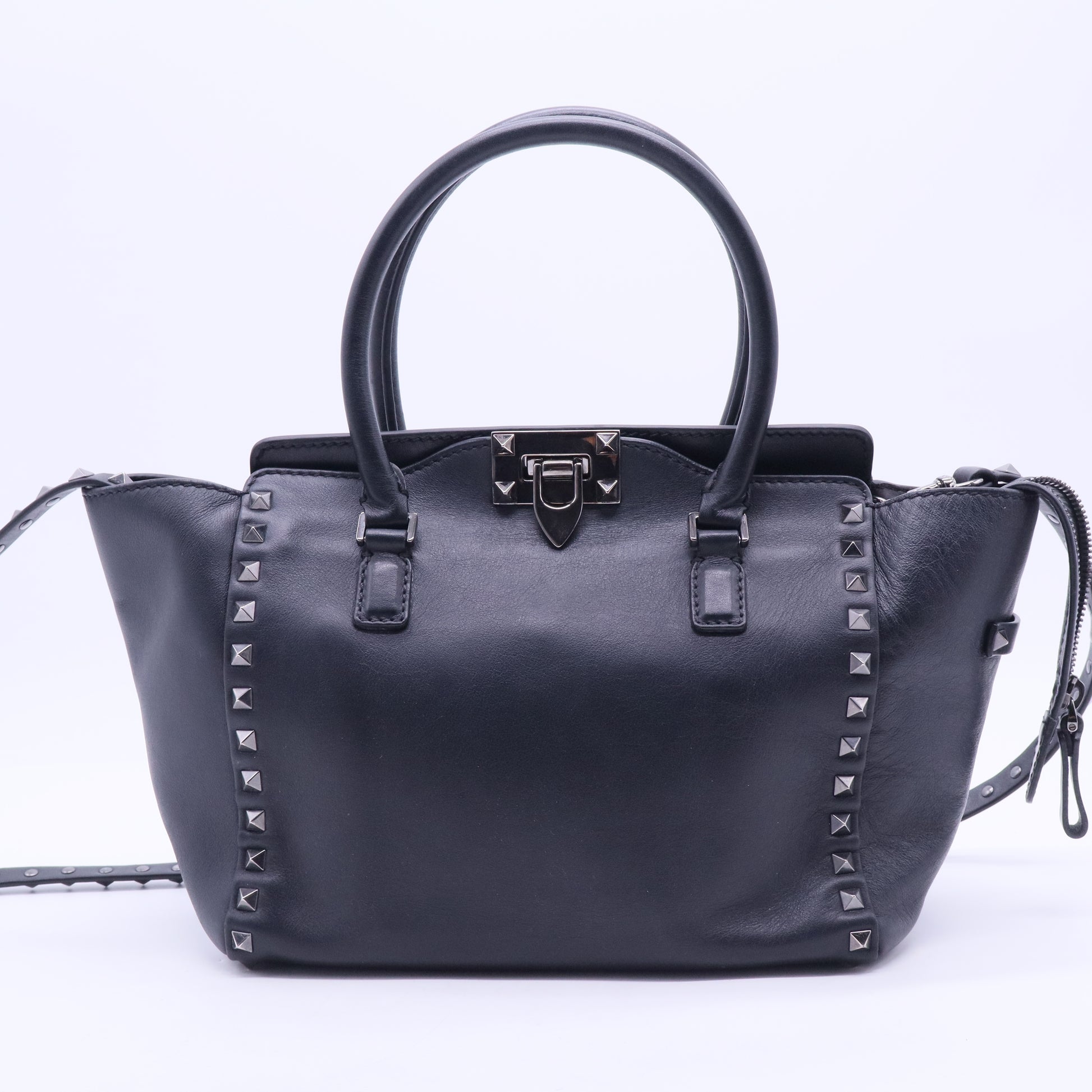 Black Leather Mini Rockstud Trapeze Tote B12321