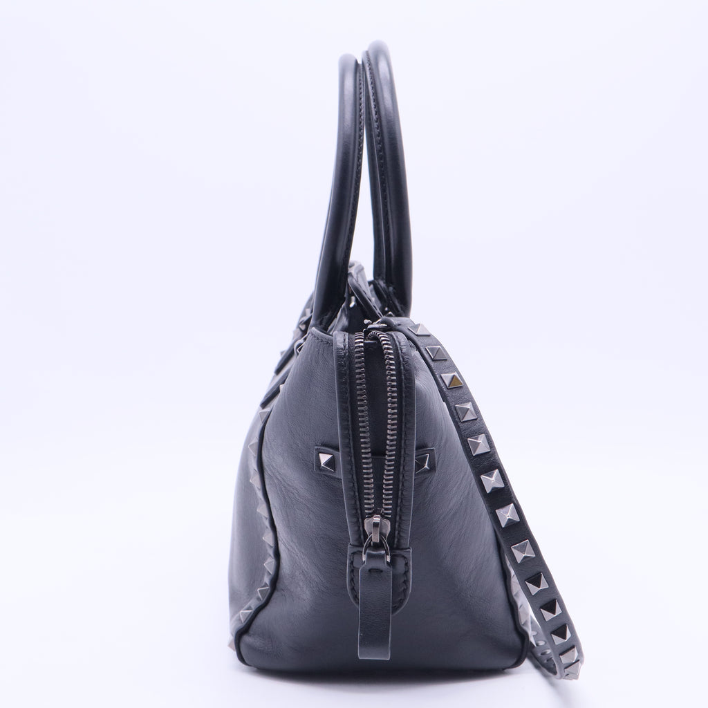 Black Leather Mini Rockstud Trapeze Tote B12321