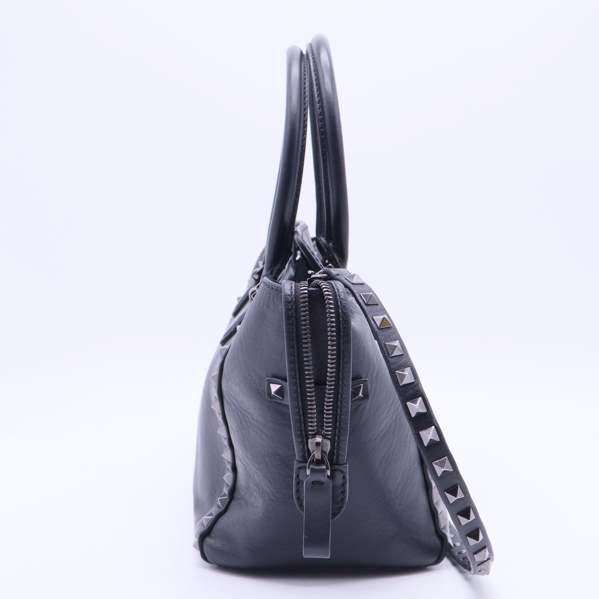 Black Leather Mini Rockstud Trapeze Tote B12321