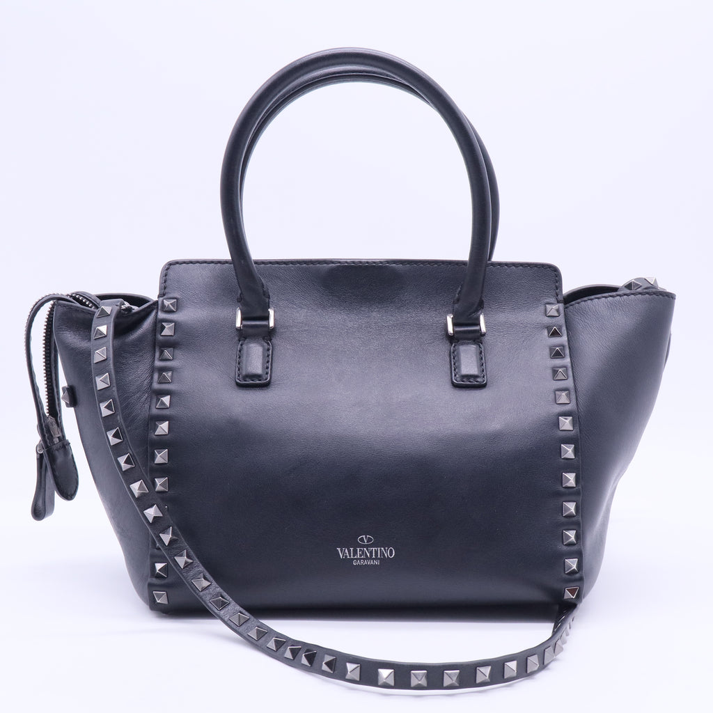 Black Leather Mini Rockstud Trapeze Tote B12321