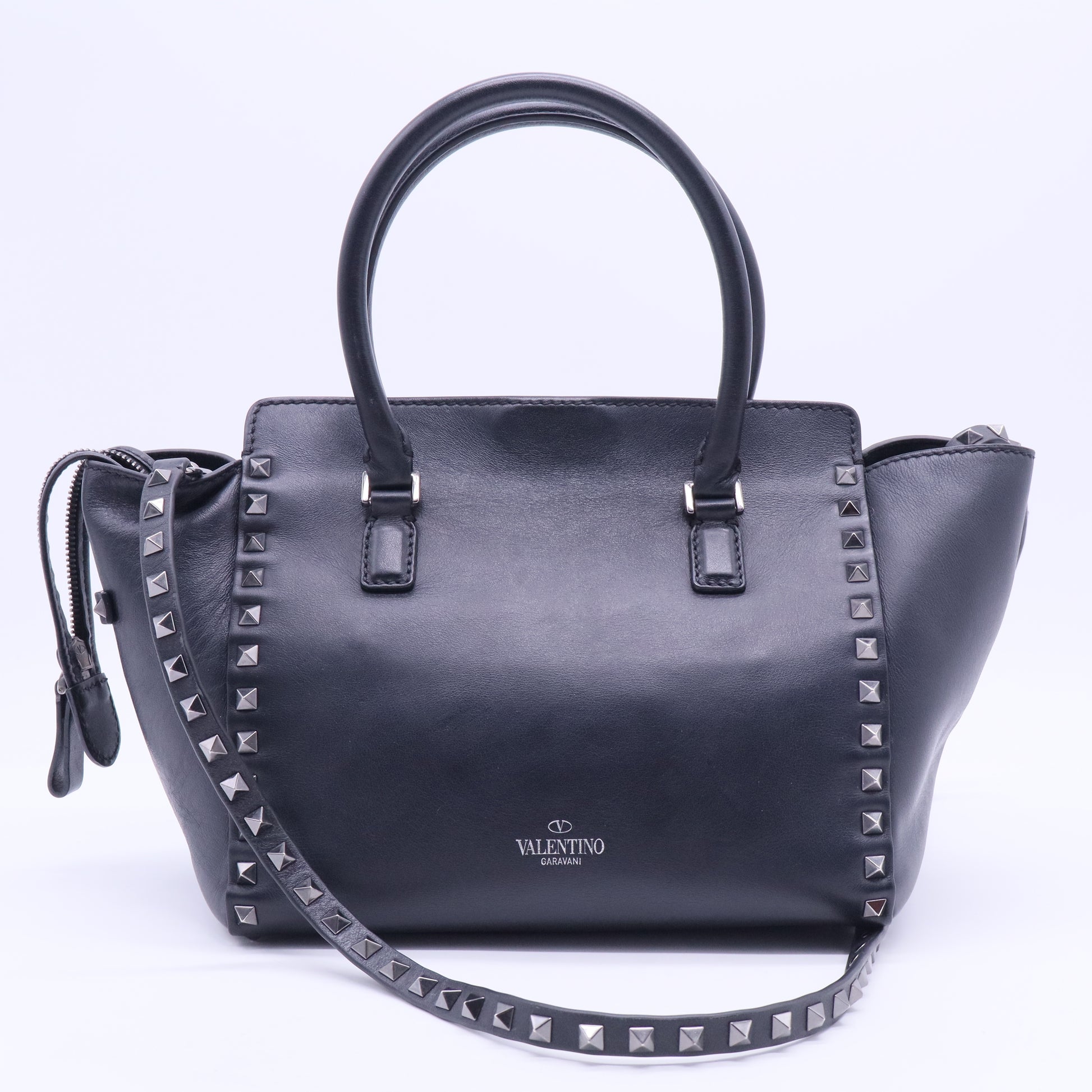 Black Leather Mini Rockstud Trapeze Tote B12321