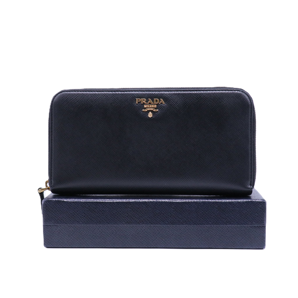 PRADA Saffiano Leather Zip-Around Wallet Black Gold-Tone Hardware twins