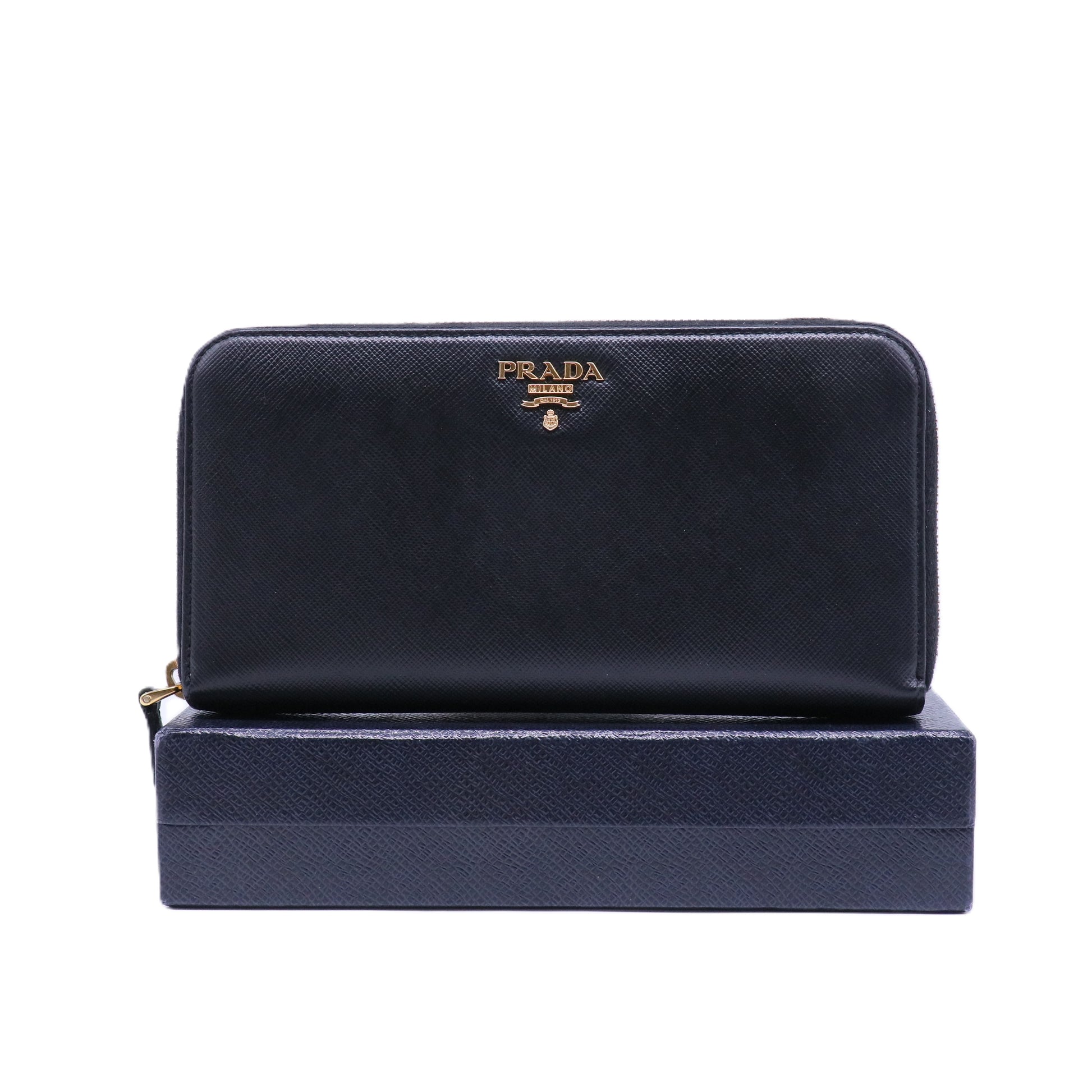PRADA Saffiano Leather Zip-Around Wallet Black Gold-Tone Hardware twins