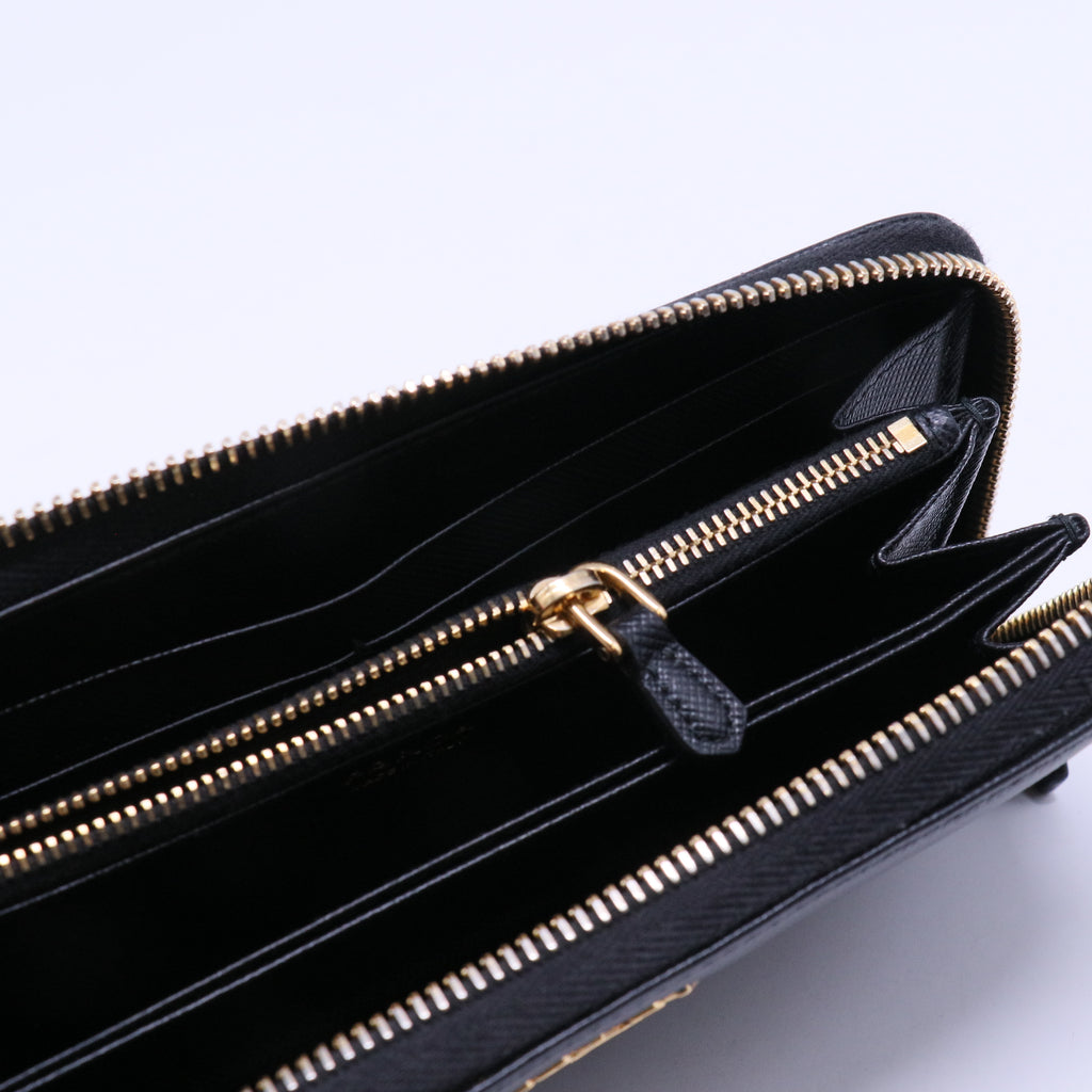 PRADA Saffiano Leather Zip-Around Wallet Black Gold-Tone Hardware twins