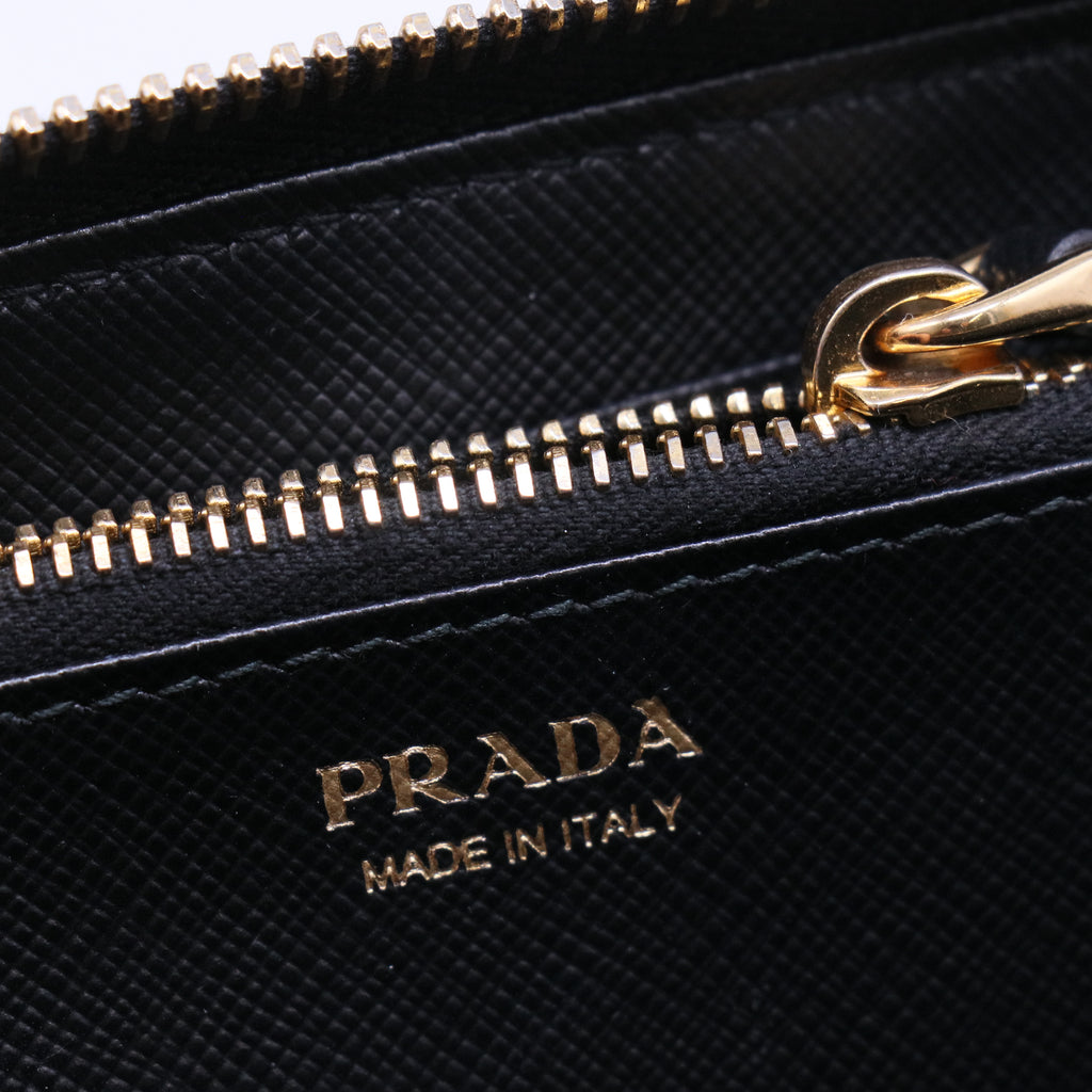 PRADA Saffiano Leather Zip-Around Wallet Black Gold-Tone Hardware twins