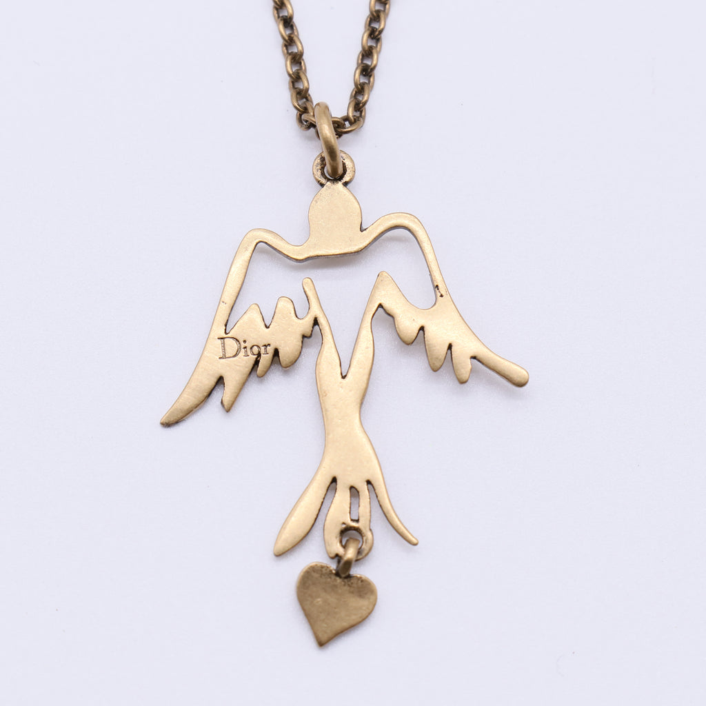 Christian Dior Vintage Brass Bird & Heart Pendant Necklace W21449
