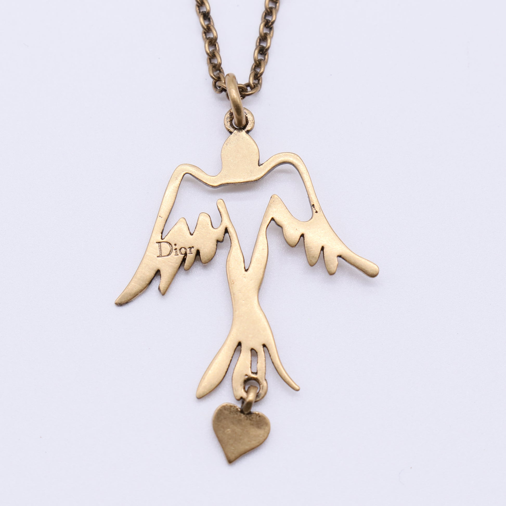 Christian Dior Vintage Brass Bird & Heart Pendant Necklace W21449