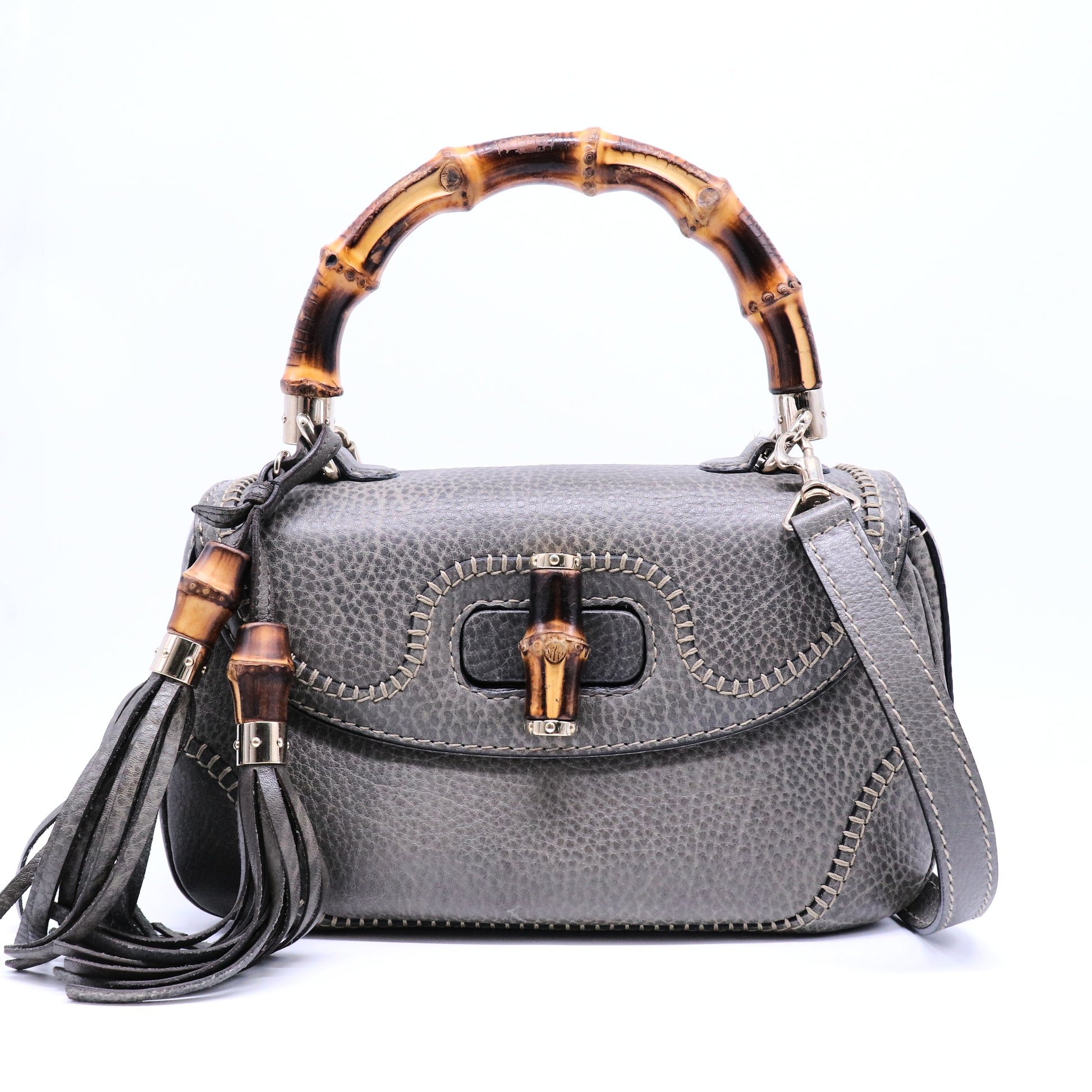 New Convertible Bamboo Top Handle Bag Leather Medium Twins