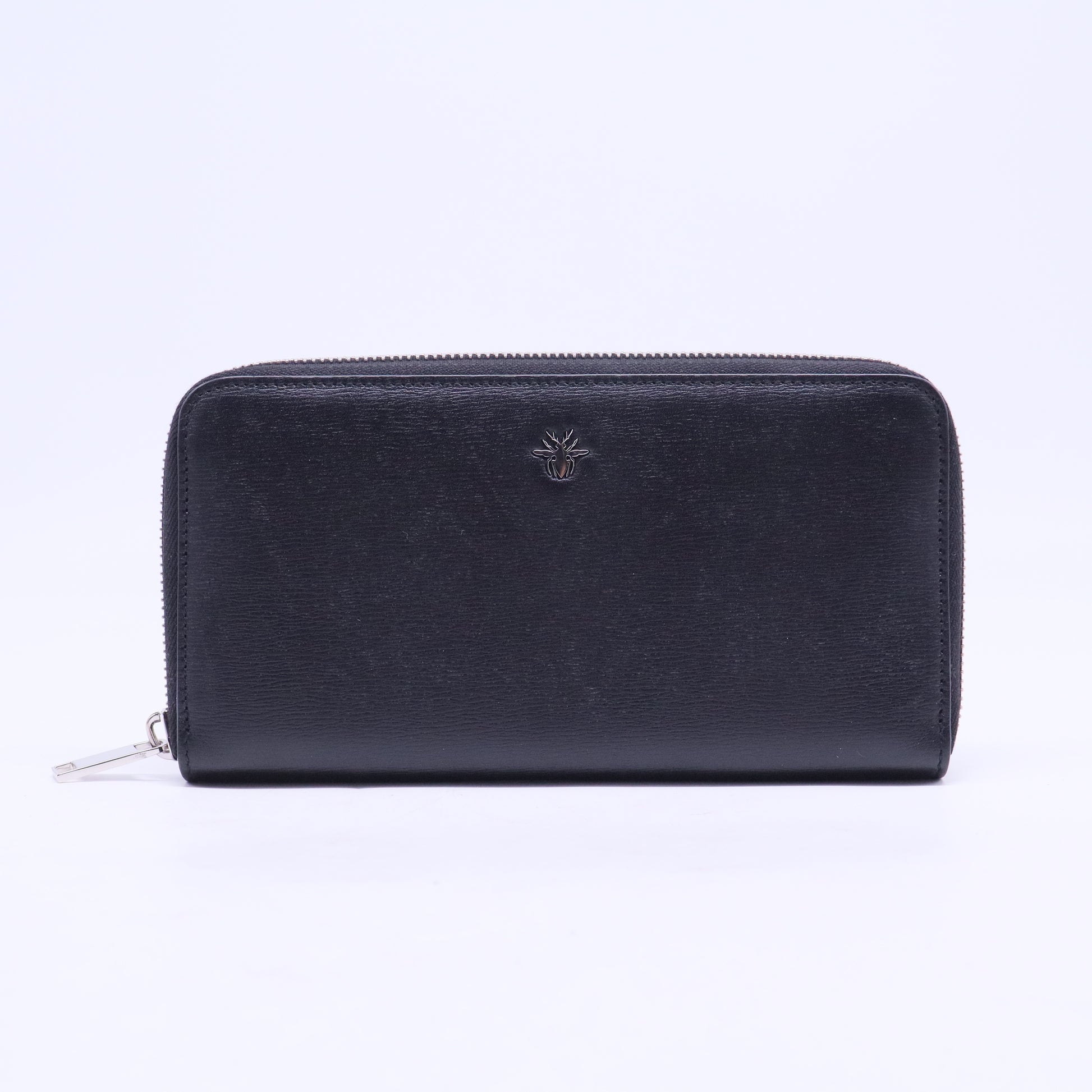 Black leather wallet with a metal bee motif W20553