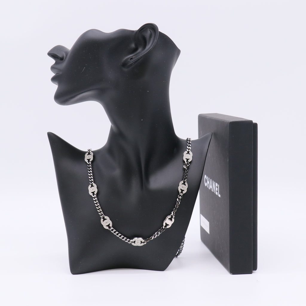 Chanel Metal Crystal Chain CC Choker Gunmetal Silver twins LDZ297