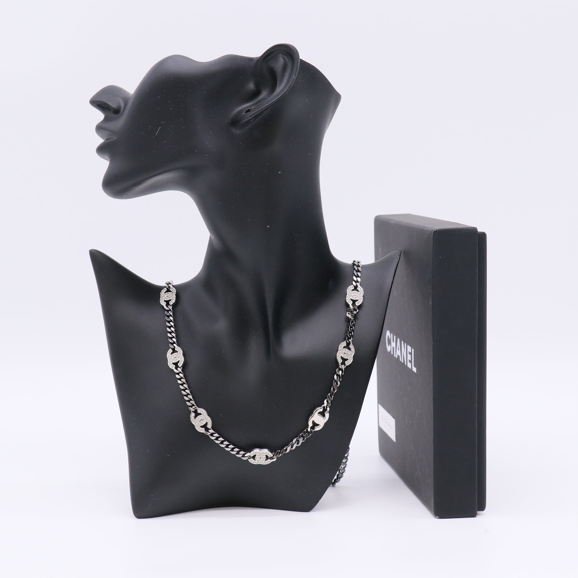 Chanel Metal Crystal Chain CC Choker Gunmetal Silver twins LDZ297