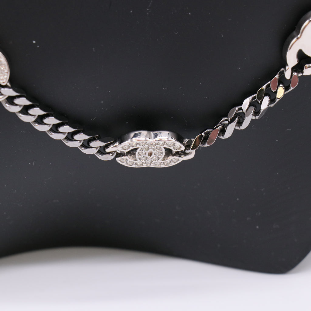 Chanel Metal Crystal Chain CC Choker Gunmetal Silver twins LDZ297