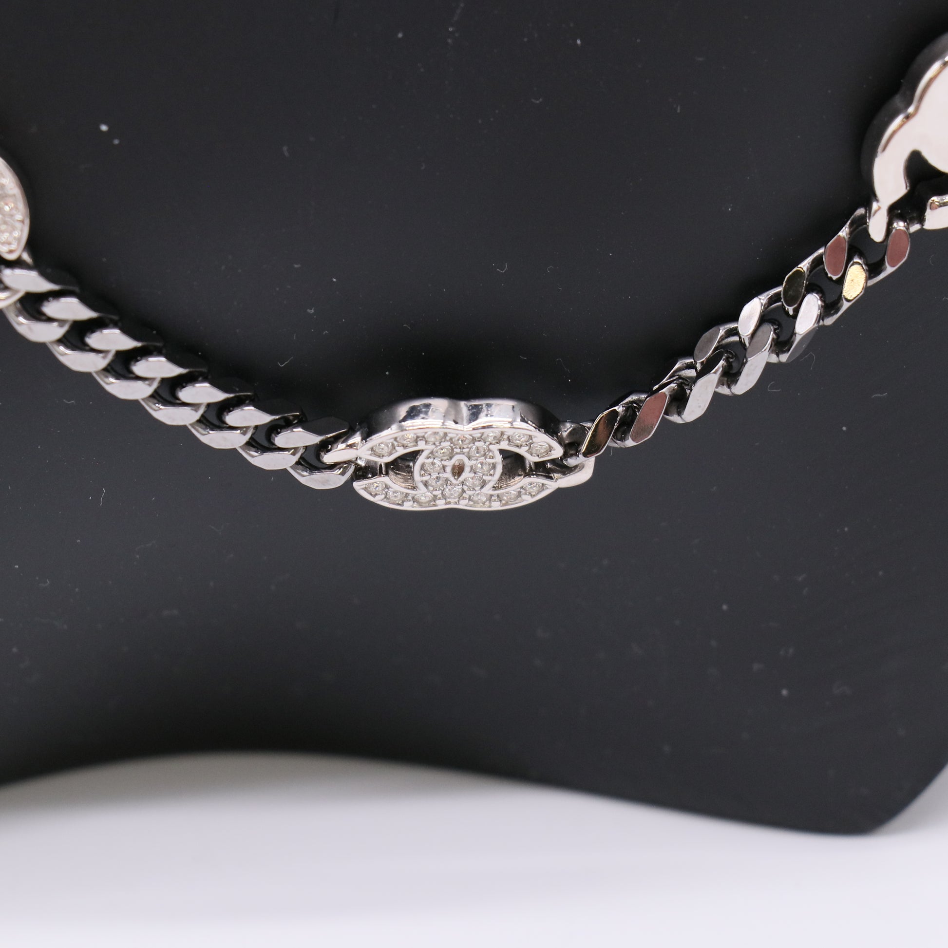 Chanel Metal Crystal Chain CC Choker Gunmetal Silver twins LDZ297