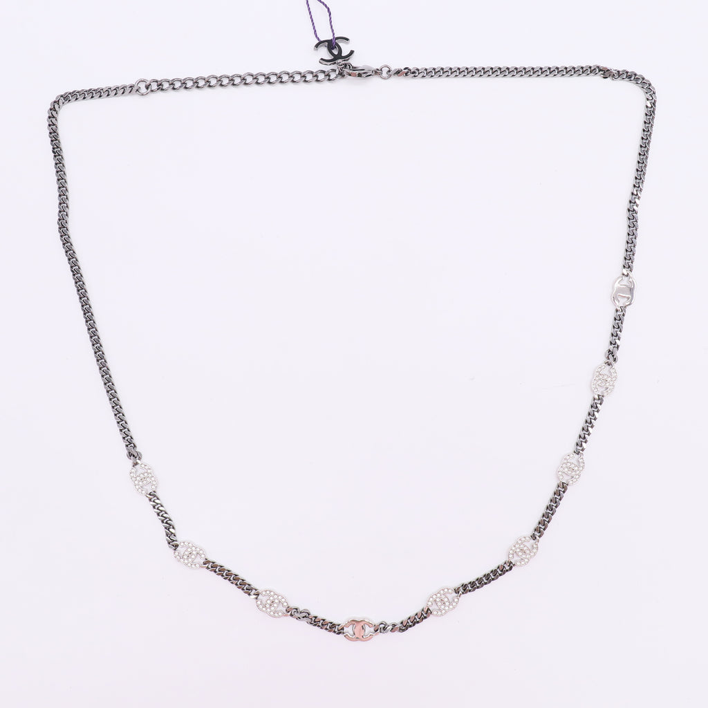 Chanel Metal Crystal Chain CC Choker Gunmetal Silver twins LDZ297