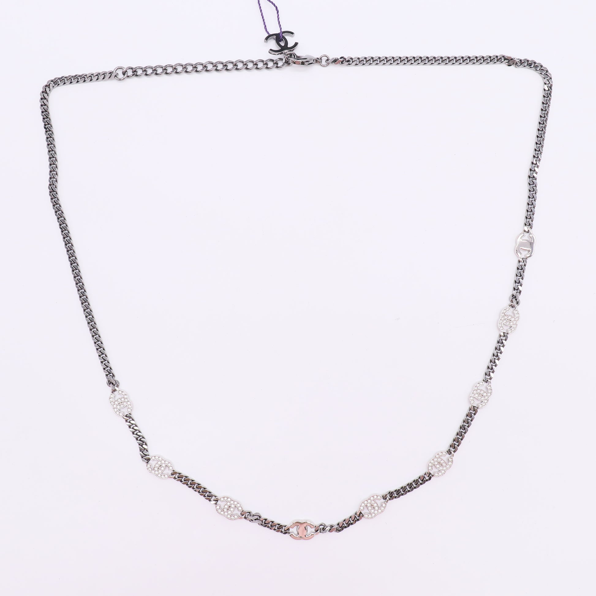 Chanel Metal Crystal Chain CC Choker Gunmetal Silver twins LDZ297