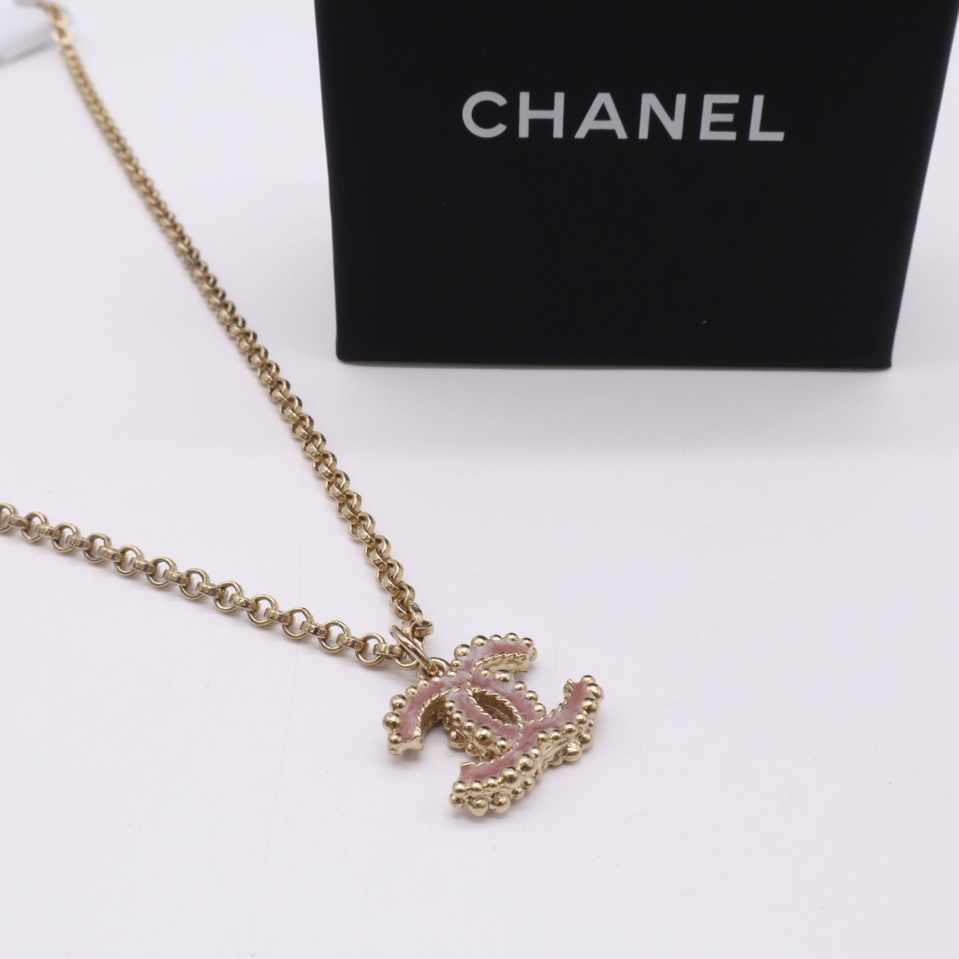 Chanel Enamel CC Necklace Pink Pendant Gold Tone Twins W22993