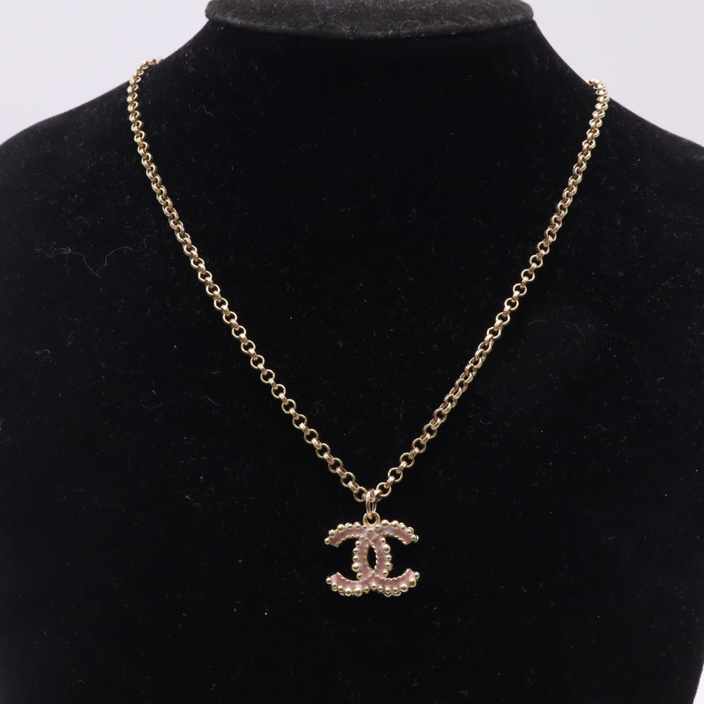 Chanel Enamel CC Necklace Pink Pendant Gold Tone Twins W22993