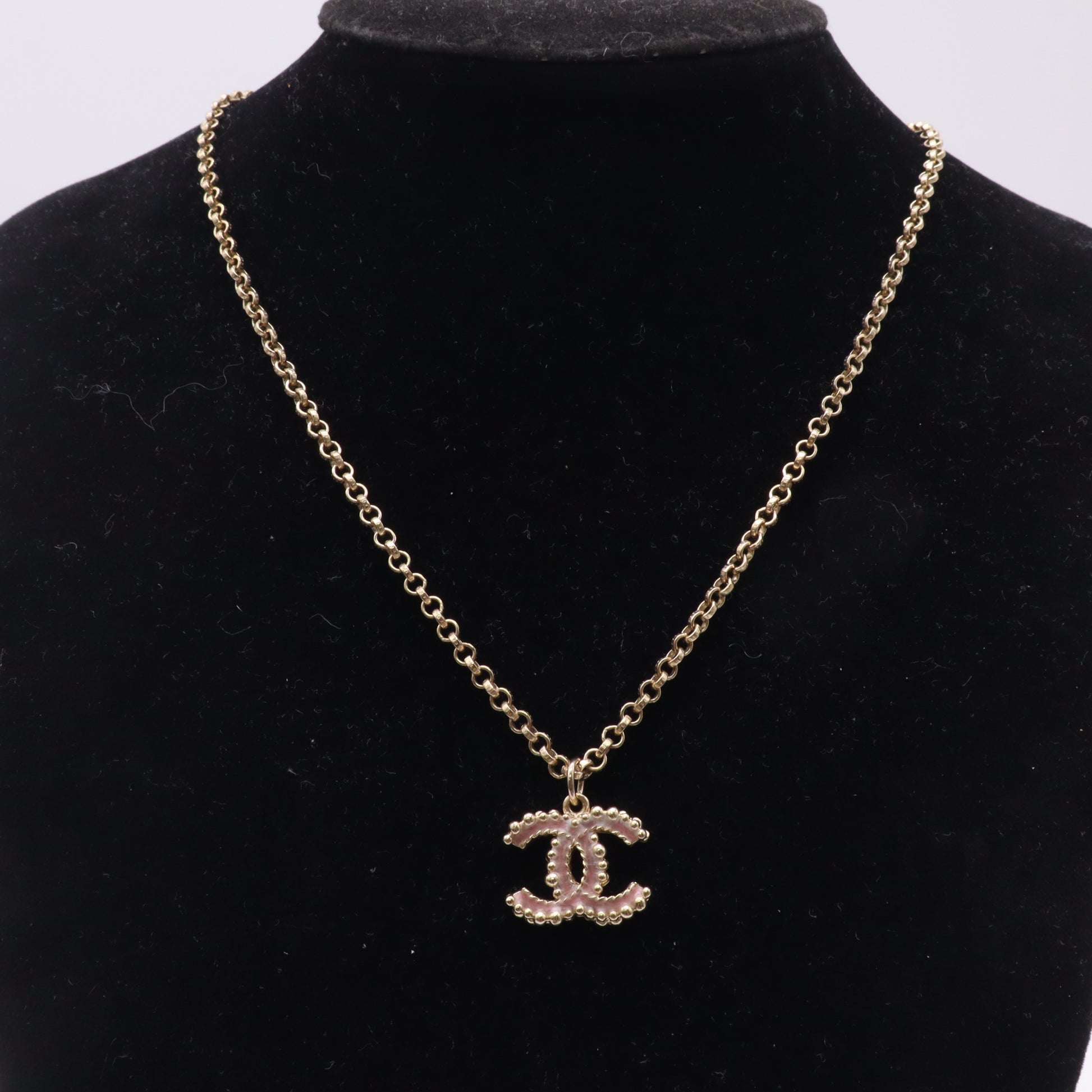 Chanel Enamel CC Necklace Pink Pendant Gold Tone Twins W22993