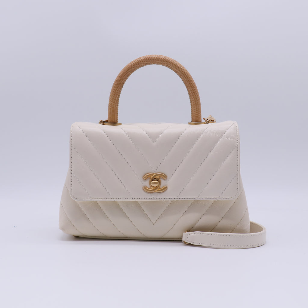 Chanel Ivory Chevron Quilted Caviar Leather Small Coco Top Handle Bag with Genuine Lizard Handle B22143