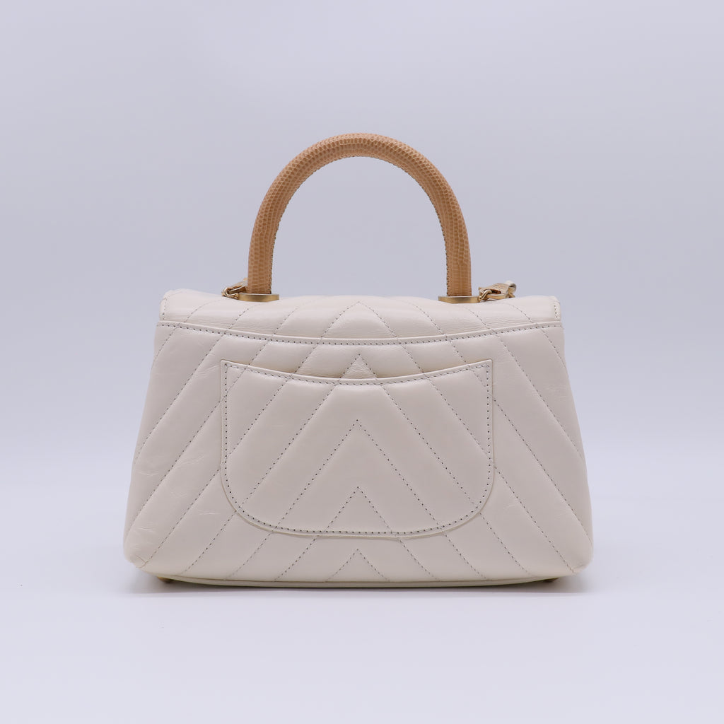 Chanel Ivory Chevron Quilted Caviar Leather Small Coco Top Handle Bag with Genuine Lizard Handle B22143