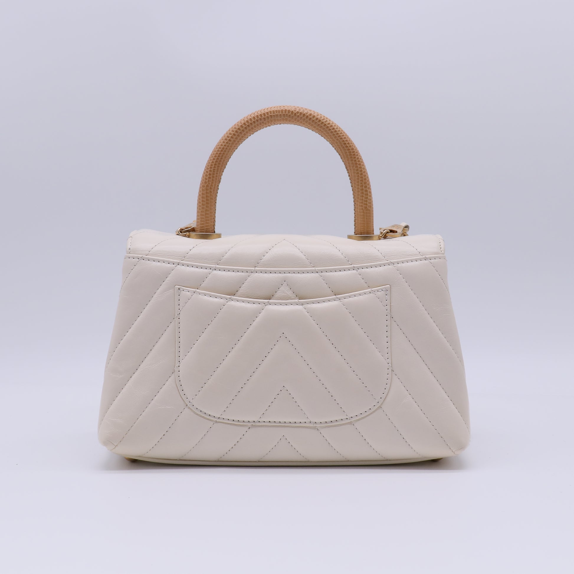 Chanel Ivory Chevron Quilted Caviar Leather Small Coco Top Handle Bag with Genuine Lizard Handle B22143