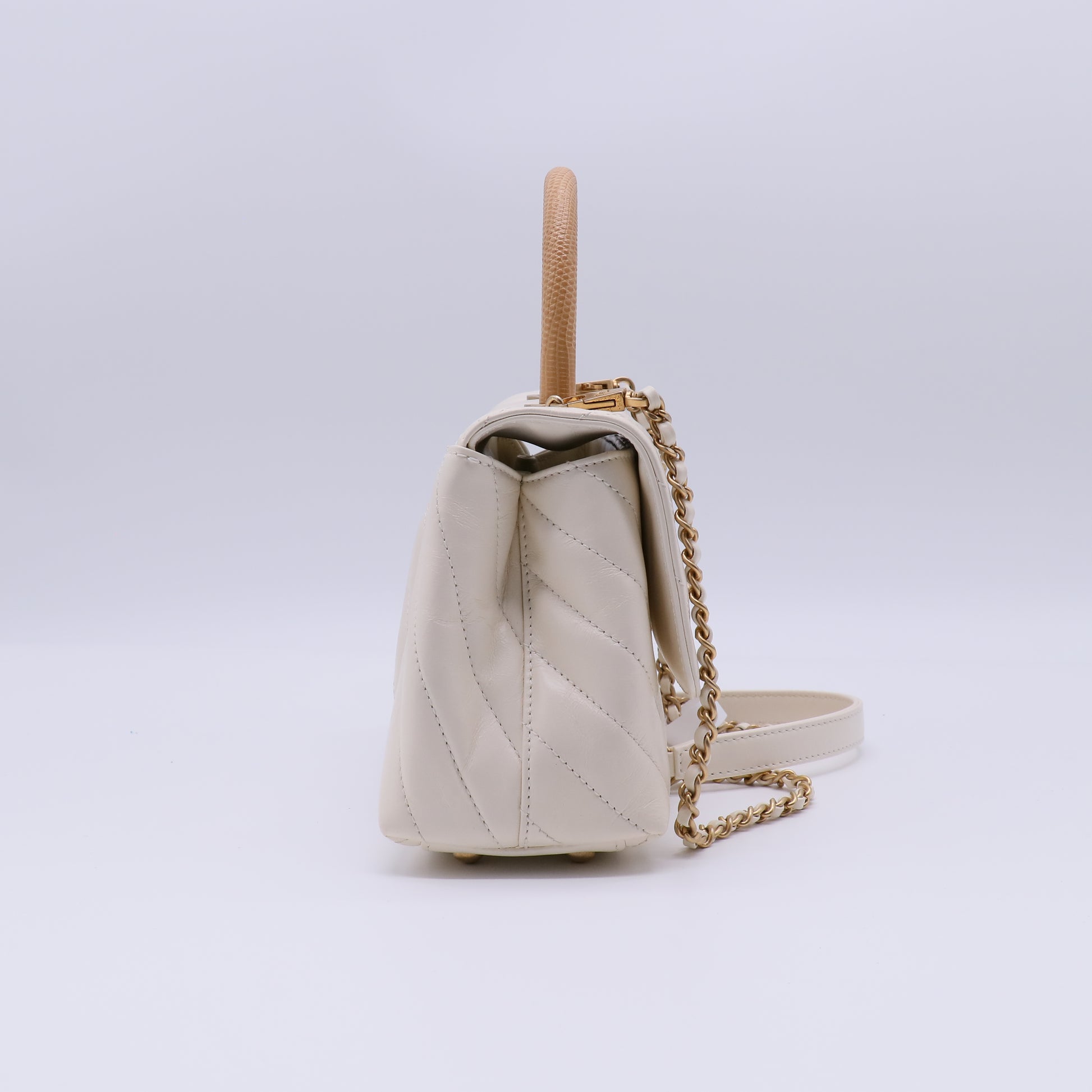 Chanel Ivory Chevron Quilted Caviar Leather Small Coco Top Handle Bag with Genuine Lizard Handle B22143