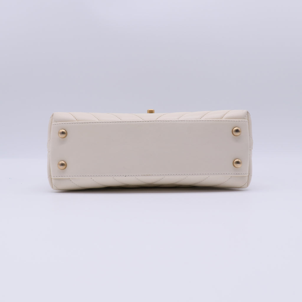 Chanel Ivory Chevron Quilted Caviar Leather Small Coco Top Handle Bag with Genuine Lizard Handle B22143