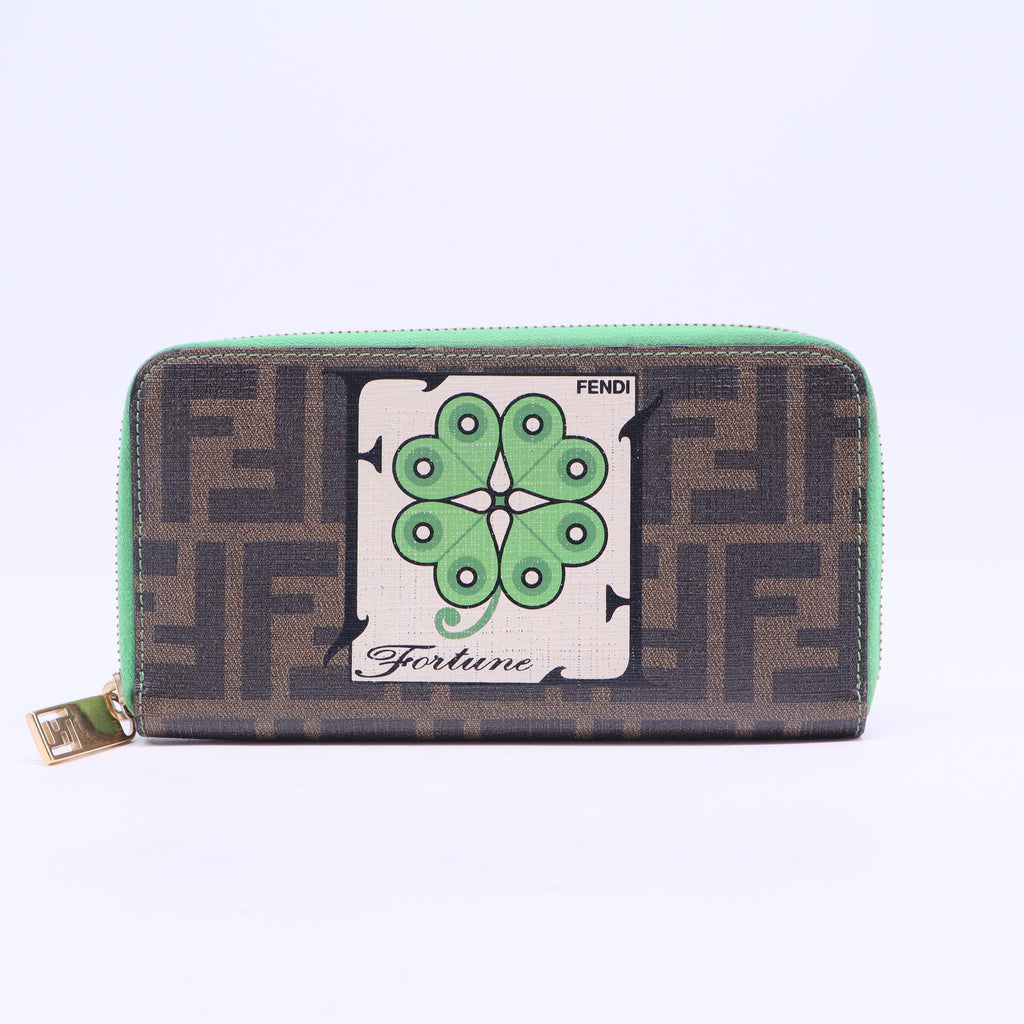Zucca Spalmati Vitello Elite Clover Print Zip Around Wallet Tobacco Green W20455