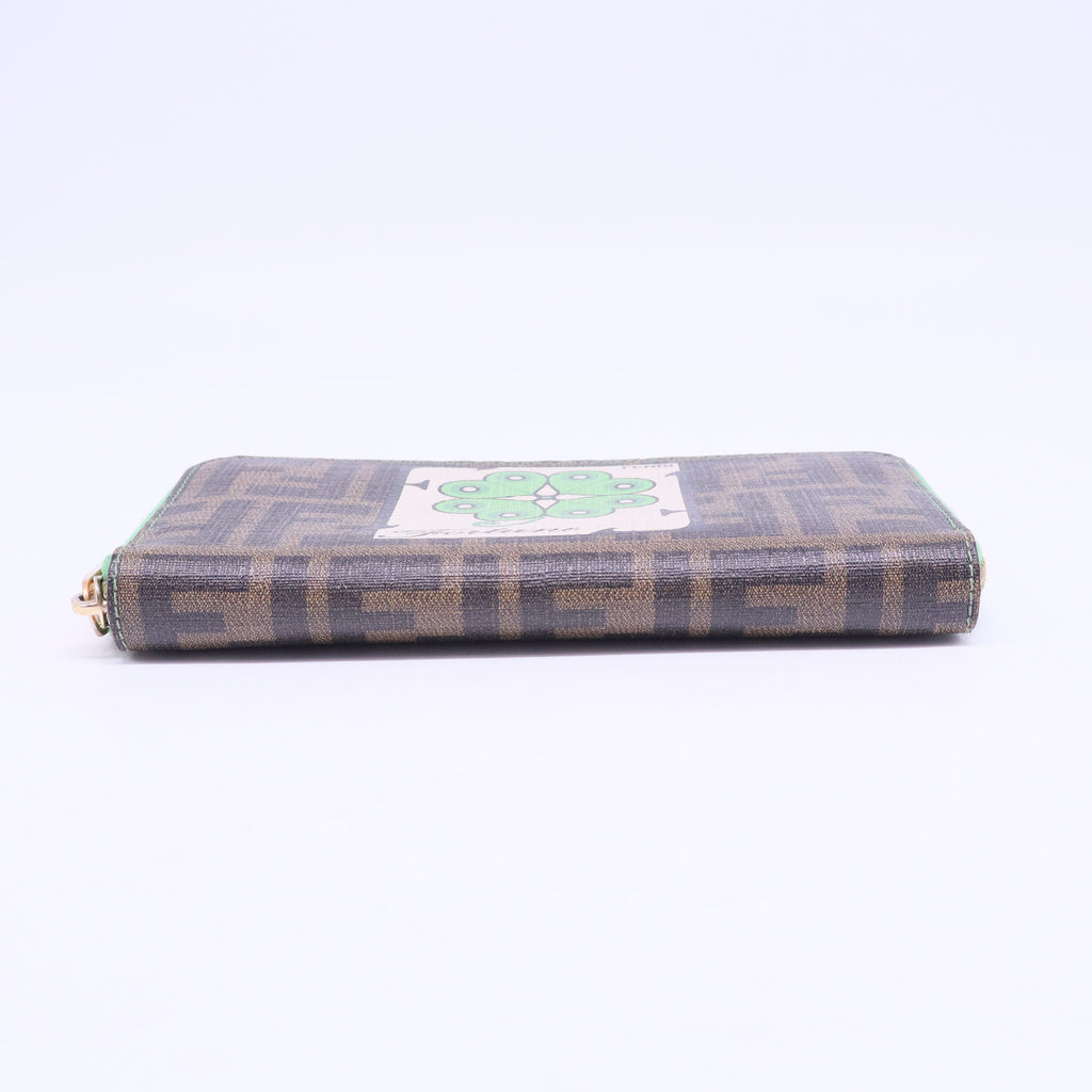 Zucca Spalmati Vitello Elite Clover Print Zip Around Wallet Tobacco Green W20455
