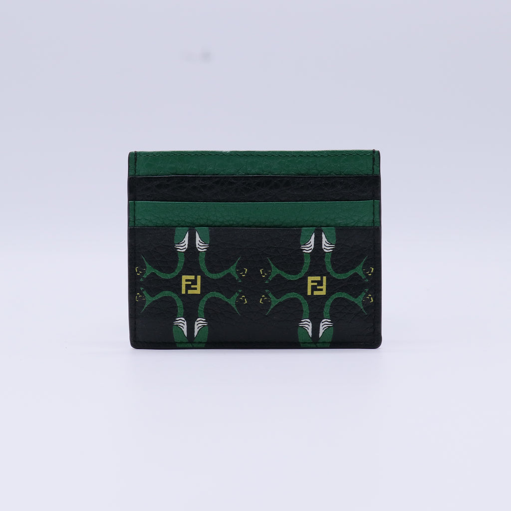 Fendi Black Snake Print Leather Card Holder Green W21300