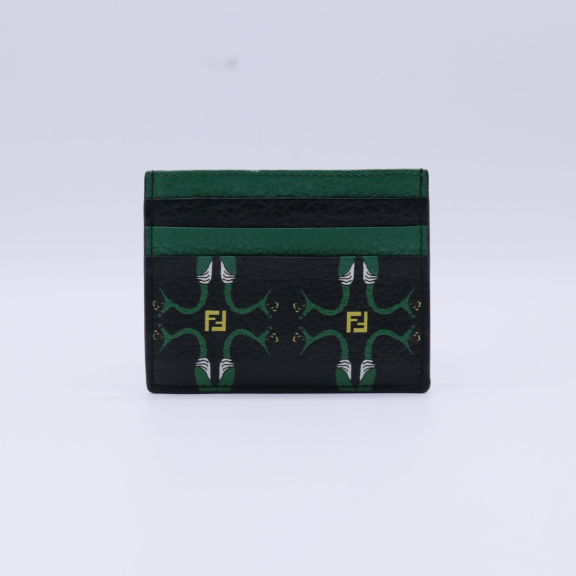 Fendi Black Snake Print Leather Card Holder Green W21300