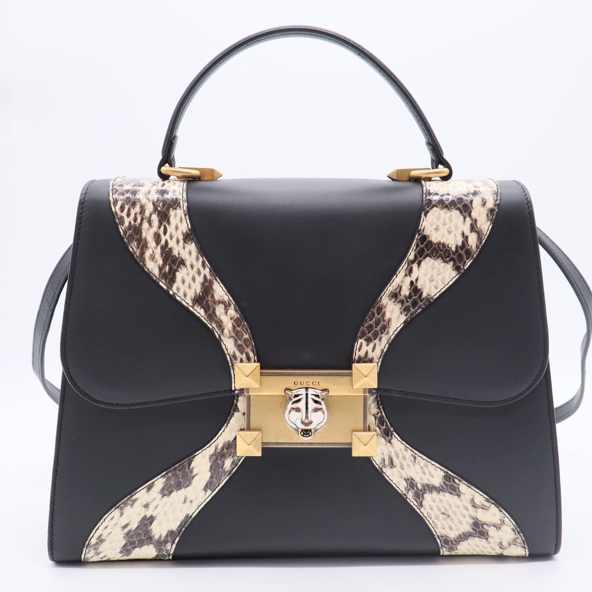 Calfskin Snakeskin GG Supreme Monogram Medium Osiride Top Handle Bag Black