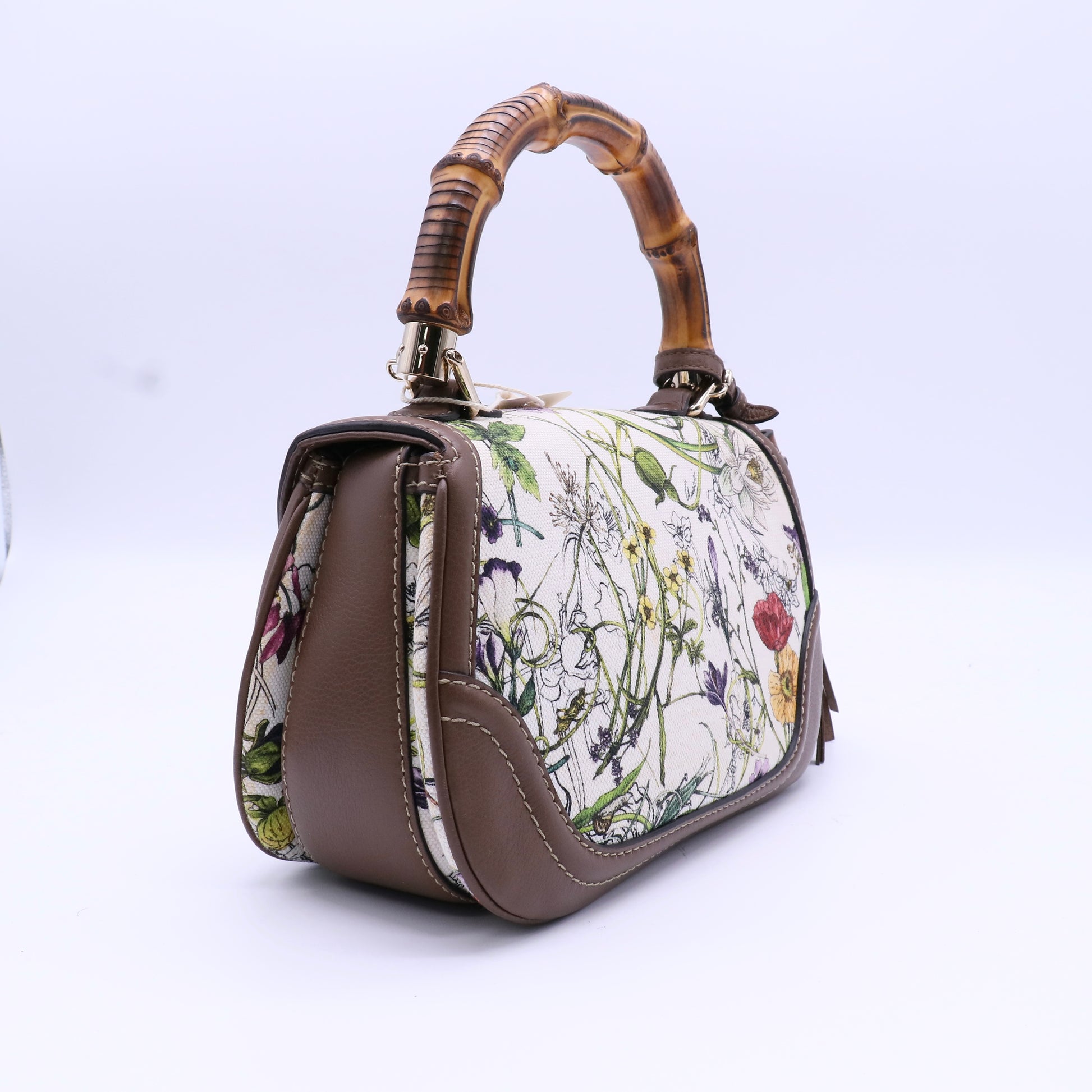 Multicolor Floral Canvas and Leather Medium Tassel New Bamboo Top Handle Bag Twins LDJ4064
