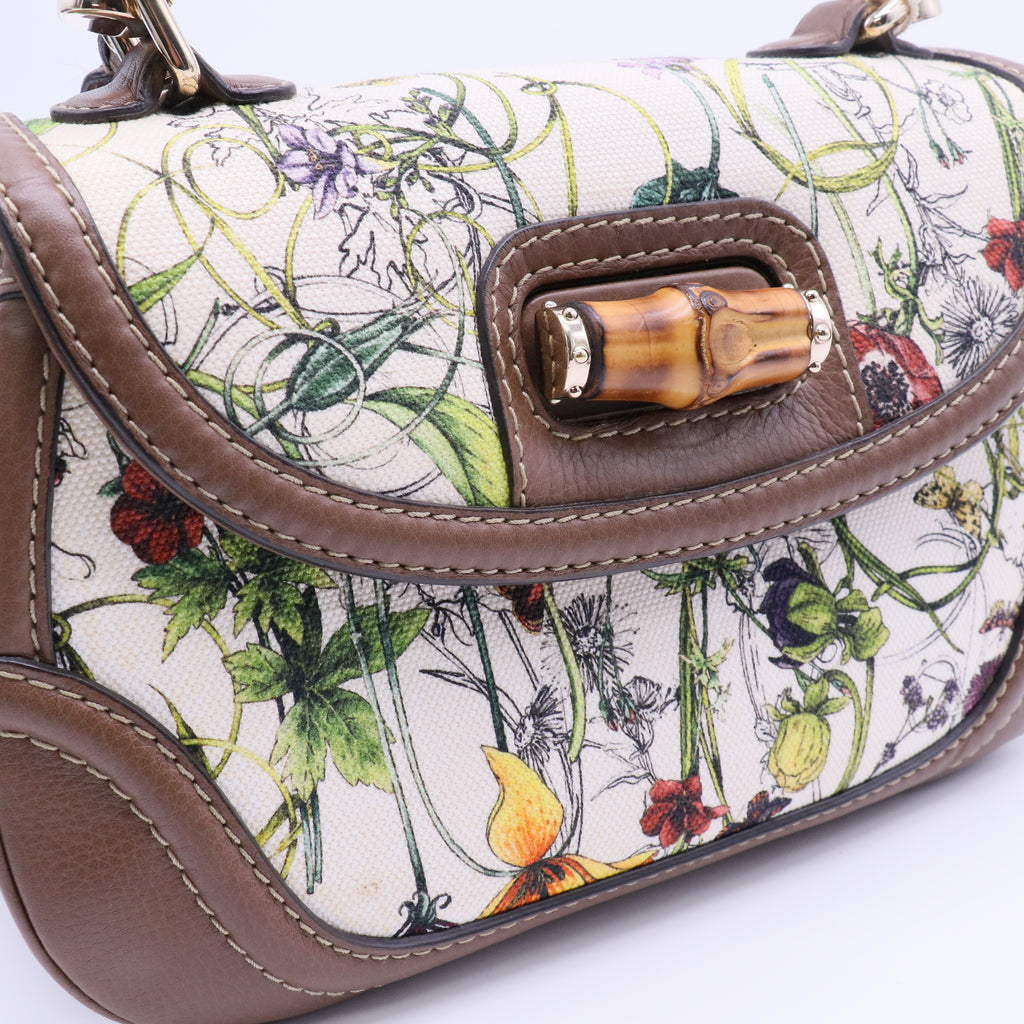 Multicolor Floral Canvas and Leather Medium Tassel New Bamboo Top Handle Bag Twins LDJ4064